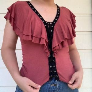 Pink Ruffle Lace-up Top